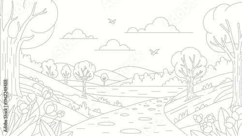Line art depiction of a serene spring landscape with flowers, trees, and birds.