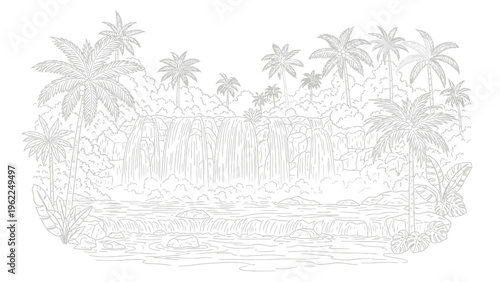 Tropical waterfall surrounded by palm trees and lush foliage