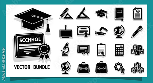 Comprehensive collection of education and school-related icons in black and white.
