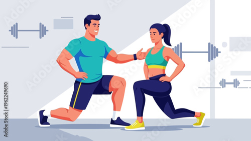 Personal trainer guiding a woman through lunges in a fitness studio.