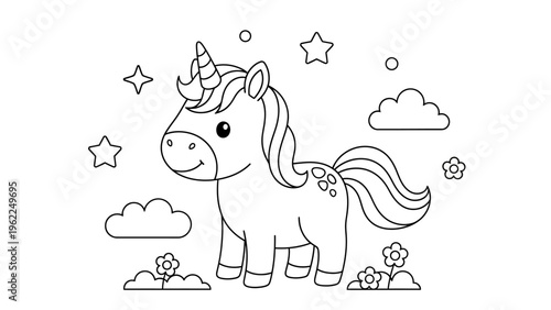 Cute Unicorn Character Coloring Page with Stars and Clouds