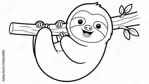 A cute cartoon sloth hangs happily from a tree branch.