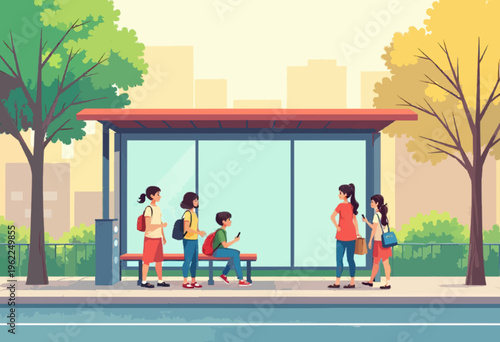 A colorful illustration of people waiting at a bus stop in a city
