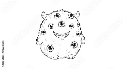 Friendly furry monster with multiple eyes, hand-drawn in a cute cartoon style.