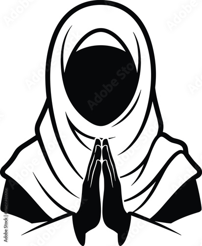 muslim woman praying with folded hands wearing hijab, spiritual islamic devotion concept illustration, cad drawing flat vector illustration