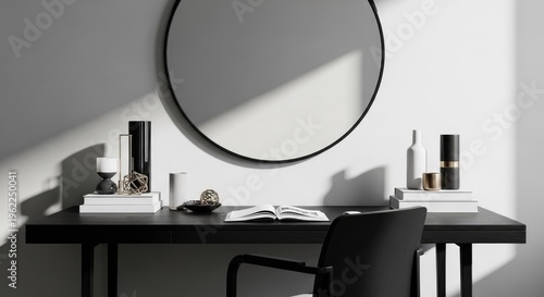 Minimalist black desk with a round mirror and assorted decorative objects