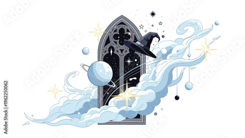 Whimsical scene showing a gothic window looking into space with a witch hat, planets, stars, and swirling clouds.