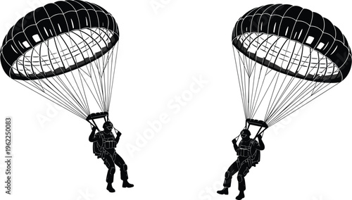 parachute, skydiving, silhouette, soldier, parachutist, jump, air, landing, military, adventure, extreme, sport, flight, canopy, descent, action, equipment, aviation, illustration, design