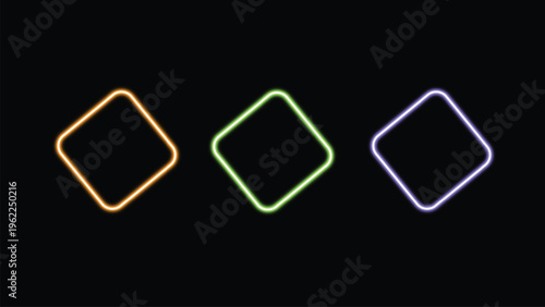 Neon Glowing Square Shapes on Black Background.