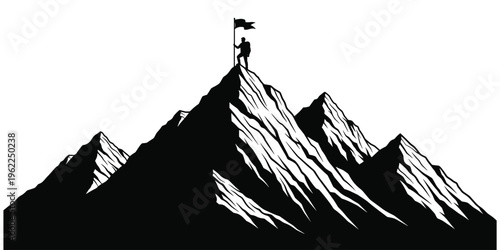Mountain climbing achievement silhouette illustration, summit flag person design, success goal artwork, rugged peak adventure vector, flat illustration