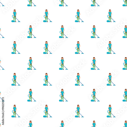 Woman vacuuming house seamless pattern demonstrating housework cleaning