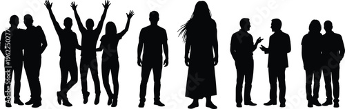 people, silhouette, group, diversity, standing, jumping, friends, teamwork, communication, social, community, interaction, men, women, lifestyle, together, celebration, discussion, human, collection