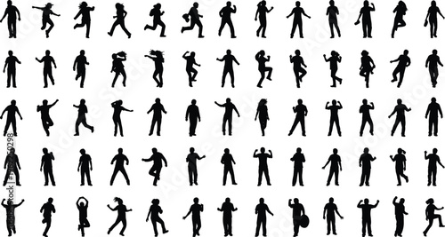 people, silhouettes, collection, dancing, poses, movement, activity, lifestyle, group, action, dynamic, human, figures, set, diversity, animation, motion, fun, design, illustration