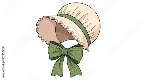 Vintage style pink sun bonnet for children featuring a large green plaid bow and decorative ruffled edges in soft colors.