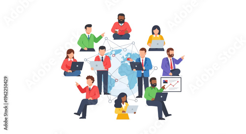 Global Business Network: Diverse Professionals Collaborating Remotely Worldwide with Laptops