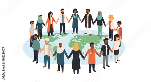 Global Community Unity: Diverse People Holding Hands Around the World Map Illustration
