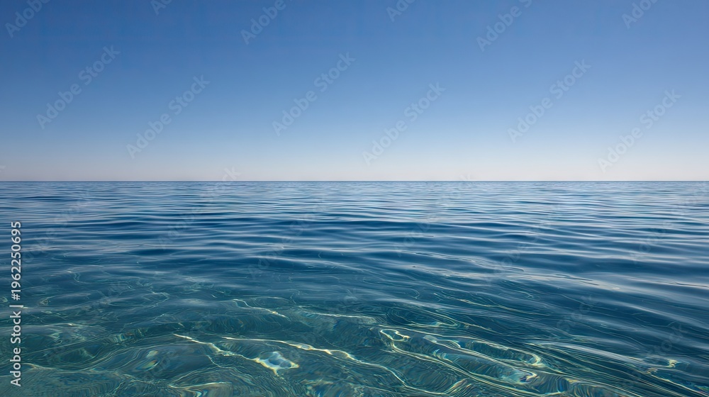 Fototapeta premium Clear blue water surface stretches out toward the distant horizon beneath a bright sky