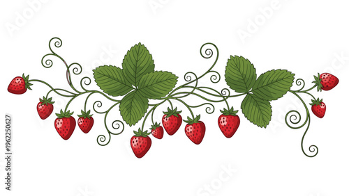 Ornamental horizontal border design featuring fresh red strawberries on a vine with curly stems and green leaves.