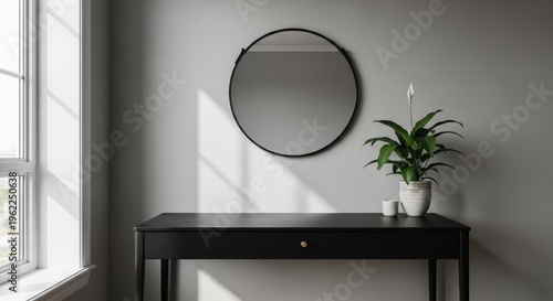 Minimalist interior with mirror and table next to a window