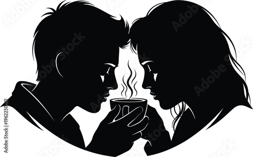 Romantic couple drinking coffee together silhouette, intimate love moment illustration, minimal black and white vector design for relationship and cozy theme