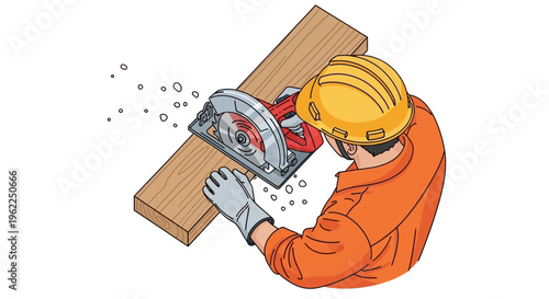 Man wearing safety gear using circular saw.