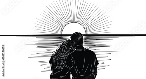 Romantic couple silhouette embracing at sunset over ocean horizon, peaceful love scene, minimal line art vector illustration for modern design