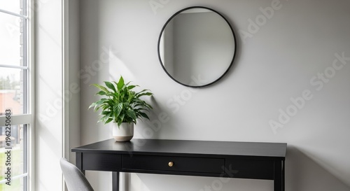 Minimalist interior with mirror desk and potted plant against neutral wall