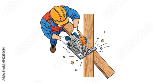 A construction worker cutting wood with a power saw.