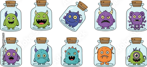 Cute cartoon monsters in glass jars vector set, funny colorful alien creatures in bottles with corks, 10 unique monster characters for stickers