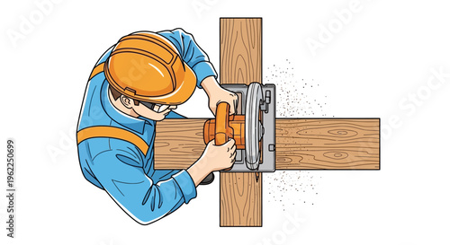 Man using power saw on wood.