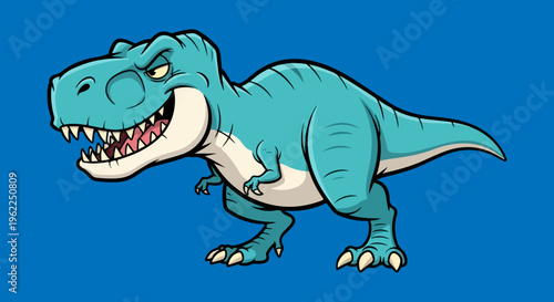 Cartoon Tyrannosaurus Rex vector illustration, angry blue dinosaur character with sharp teeth, prehistoric predator mascot for kids apparel and gaming