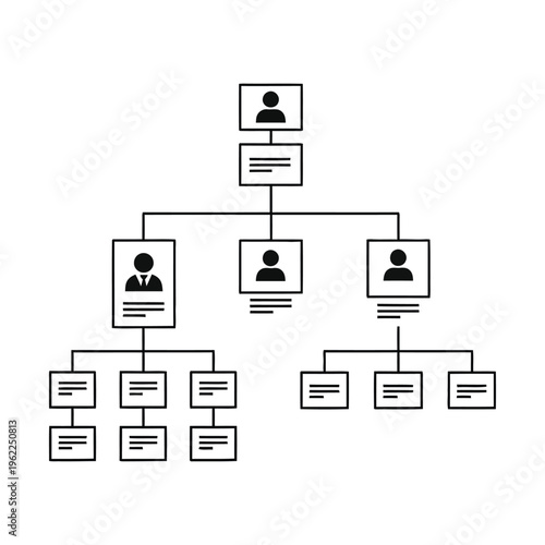 Black and white vector illustration of a corporate organizational chart showing hierarchical structure and reporting lines.