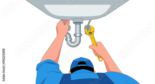 Plumber fixing sink with wrench.
