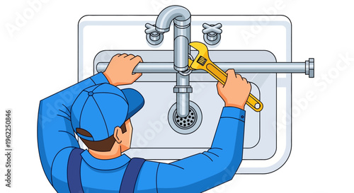 Plumber fixing a sink with a wrench.