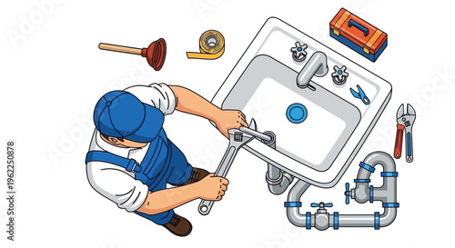 Plumber fixing sink with tools.