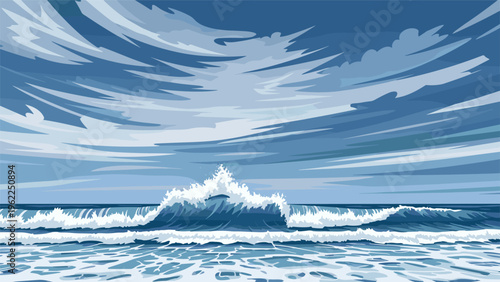 Dramatic ocean landscape featuring powerful crashing waves under a dynamic blue sky with streaky white clouds.