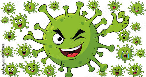 Cartoon virus character with expressive faces, green bacteria monster mascot collection, funny germ and microbe vector illustrations for health education