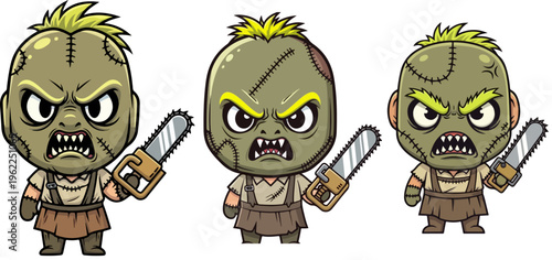 Horror movie slasher character set, creepy zombie butcher with chainsaw vector, scary halloween monster mascot collection in chibi cartoon style