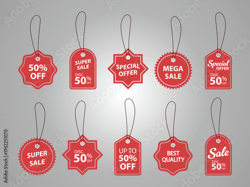 Collection of red discount tags with various promotional offers