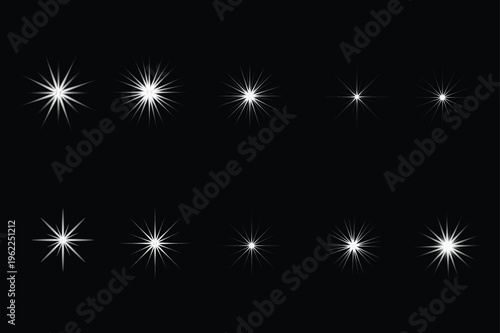 White Starburst Light Effects on Black Background High Quality Glow Overlay Pack, vector illustration of fireworks.