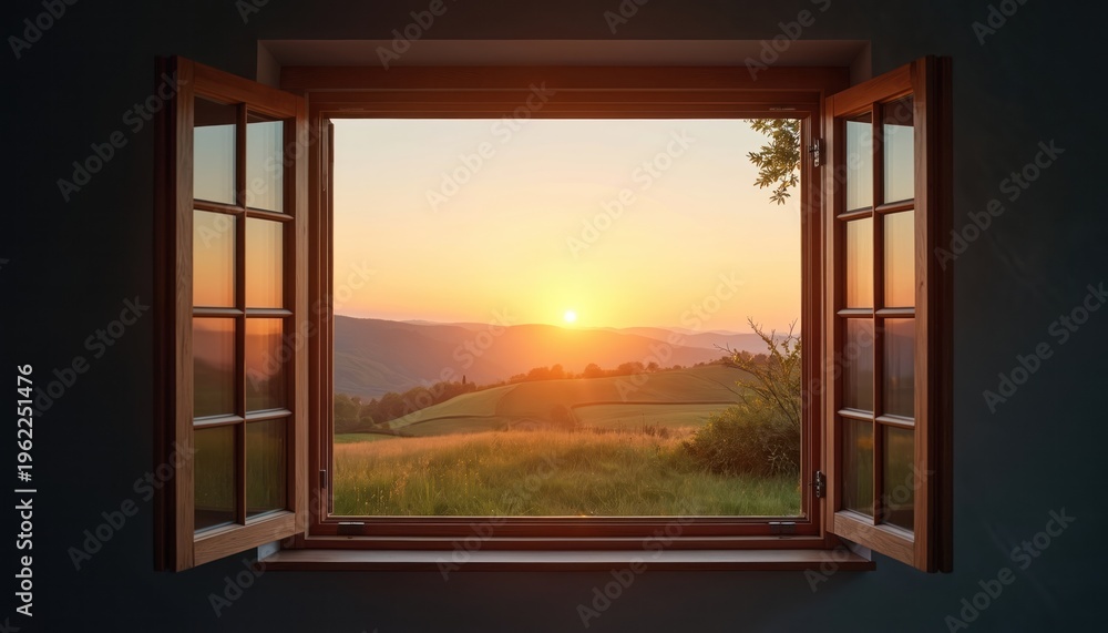 Fototapeta premium Open wooden window reveals golden sunrise over green rolling hills. Peaceful morning light shines on distant farmland and meadows. Fresh rural landscape framed by window panes.