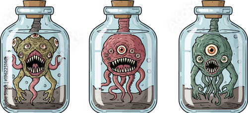 Creepy monster specimens in glass jars vector set, grotesque alien creatures with tentacles and many eyes, laboratory horror character collection