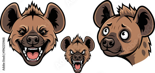 Cartoon hyena head mascot set, aggressive and funny hyena character expressions, wild animal vector illustrations for sports logos and stickers