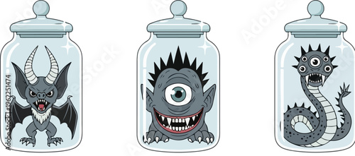 Spooky cartoon monsters in glass jars vector set, creepy creature specimens in apothecary bottles, halloween laboratory monsters collection