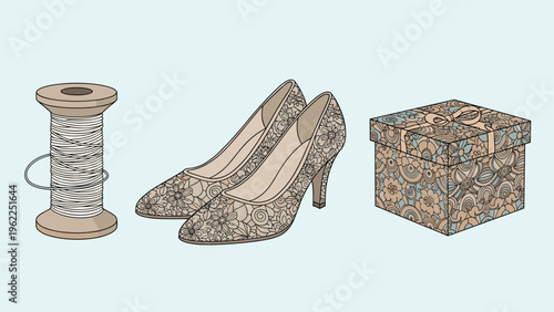Fashion illustration showing a spool of thread lace-patterned high heel shoes and a matching floral gift box for craft and fashion branding.