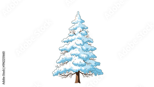 Majestic pine tree heavily covered in fresh white snow during winter season isolated on a blank white background for seasonal cards.