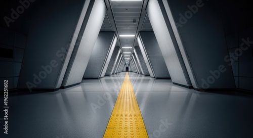 Modern architectural corridor perspective with bright yellow pathway and linear lighting