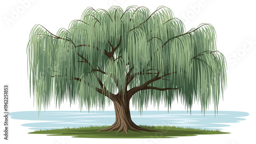 Large weeping willow tree with long drooping green branches standing on a small grassy patch by a calm water surface for peaceful scenery.
