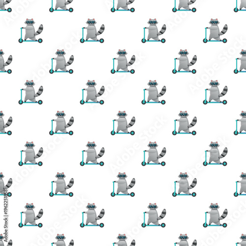 Raccoon cartoon character with sunglasses riding a blue kick scooter repeating in a seamless pattern