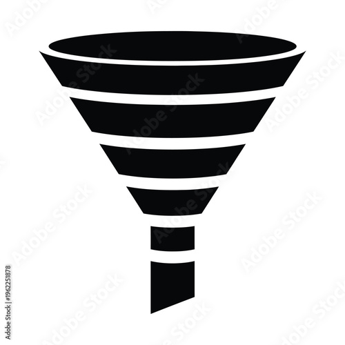 A minimalist black silhouette of a funnel, a practical tool for transferring liquids or granular materials, presented on a clean white background.